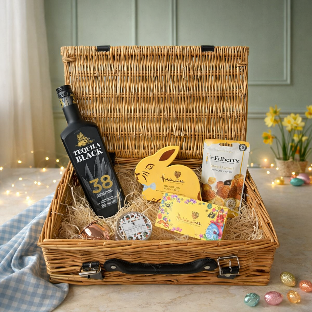 Tequila Black Chocolate Liqueur 14" Easter Gift Hamper with Easter Chocolates and Accessories - 70cl  (17% ABV)