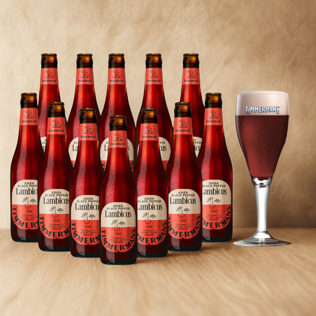 Timmermans Lambicus Kriek Black Pepper Belgian Fruit Beer 330ml Bottles with Free Glass - 4.0% ABV (12 Pack)