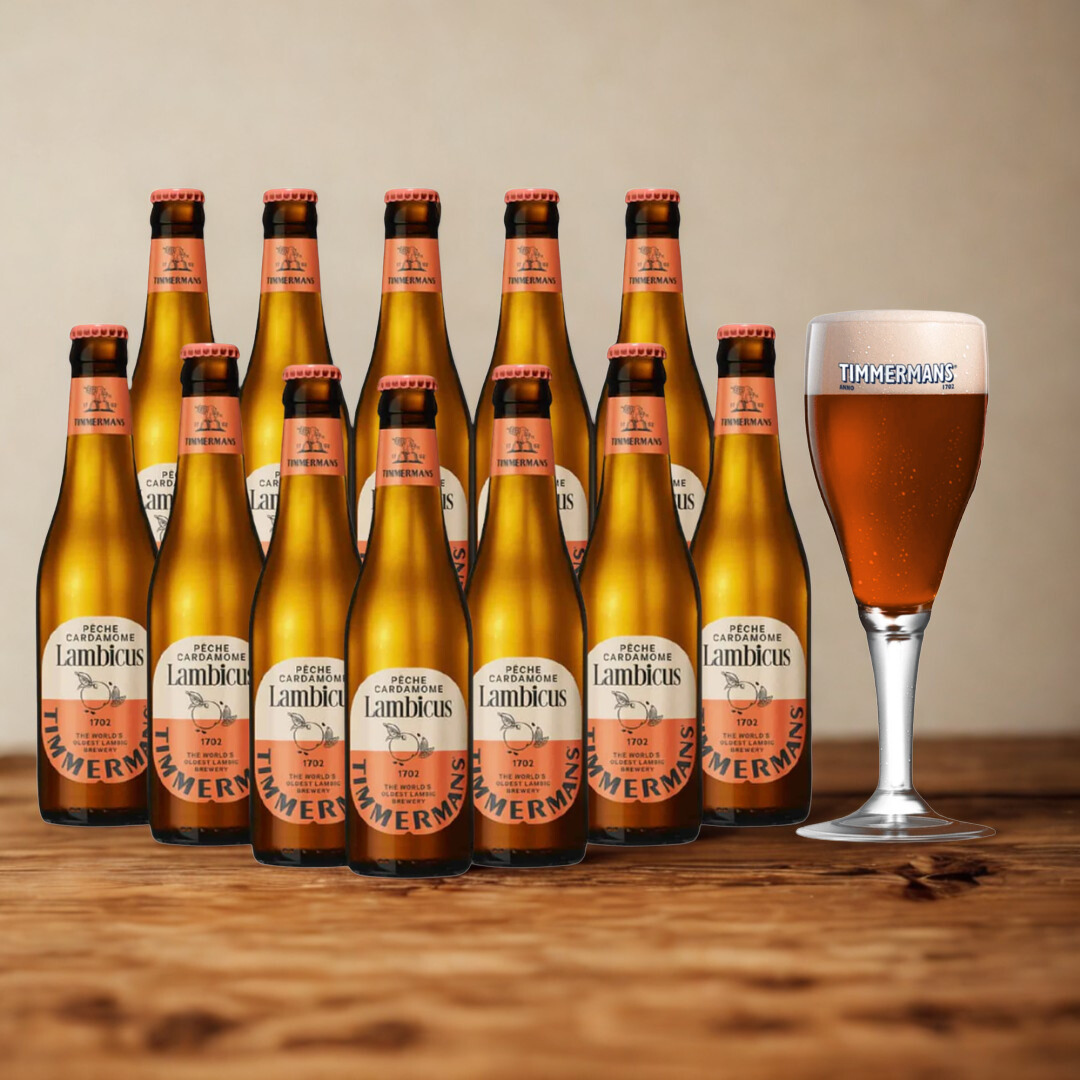Timmermans Lambicus Pêche Cardamome Belgian Fruit Beer 330ml Bottles with Free Glass - 4.0% ABV (12 Pack)