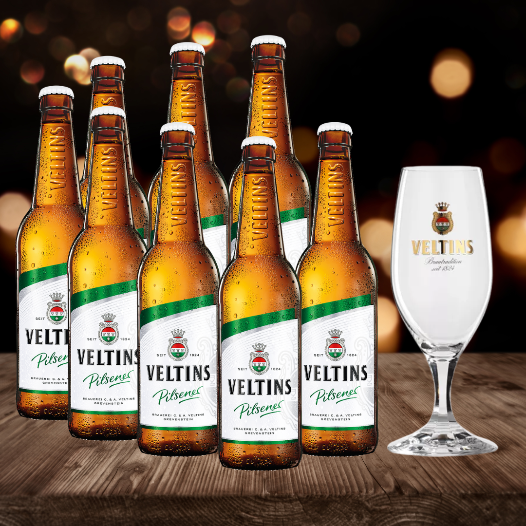 Veltins German Pilsener 500ml Bottles with Free Glass - 4.8% ABV (8 Pack)