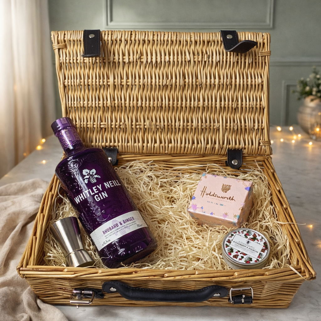 Whitley Neill Rhubarb &amp; Ginger Gin 14" Gift Hamper with Chocolates and Accessories - 70cl (43%ABV)
